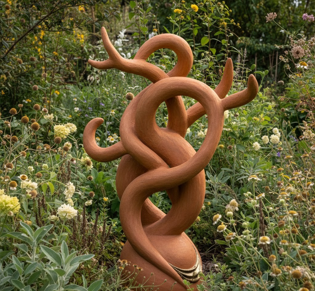 Terracotta tuinsculptuur met organische vormen